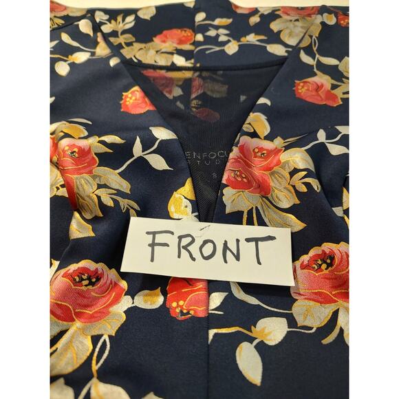 En Focus Studio Woman Blue Floral Sheath Dress Sz 8 Netting Detail Neck & Sides - Picture 3 of 8